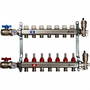 Коллекторная группа Stout SMS 0907 1" х ¾", 7 выхода(ов) (с термо вентилями и расходомерами), нержав