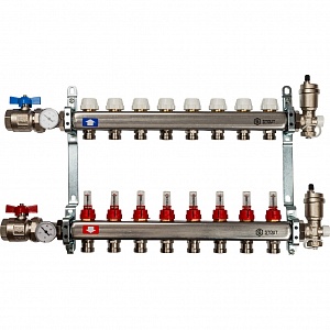 Коллекторная группа Stout SMS 0907 1" х ¾", 8 выхода(ов) (с термо вентилями и расходомерами), нержав